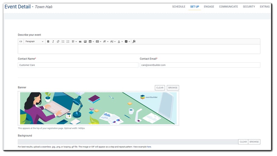 Screenshot: Set up Step screen - Event Detail page. Fields included: Describe your event, Contact Name, Contact Email, Banner, Background. 