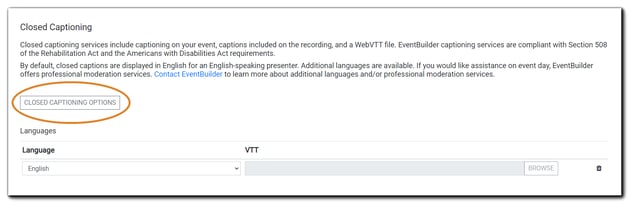 Screenshot: Closed Captioning Order function with 'Closed Captioning Options' button highlighted.