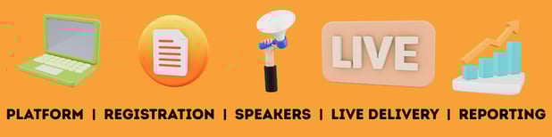 Images defining stages of virtual event logistics including a laptop, a loud speaker, and a reporting graph