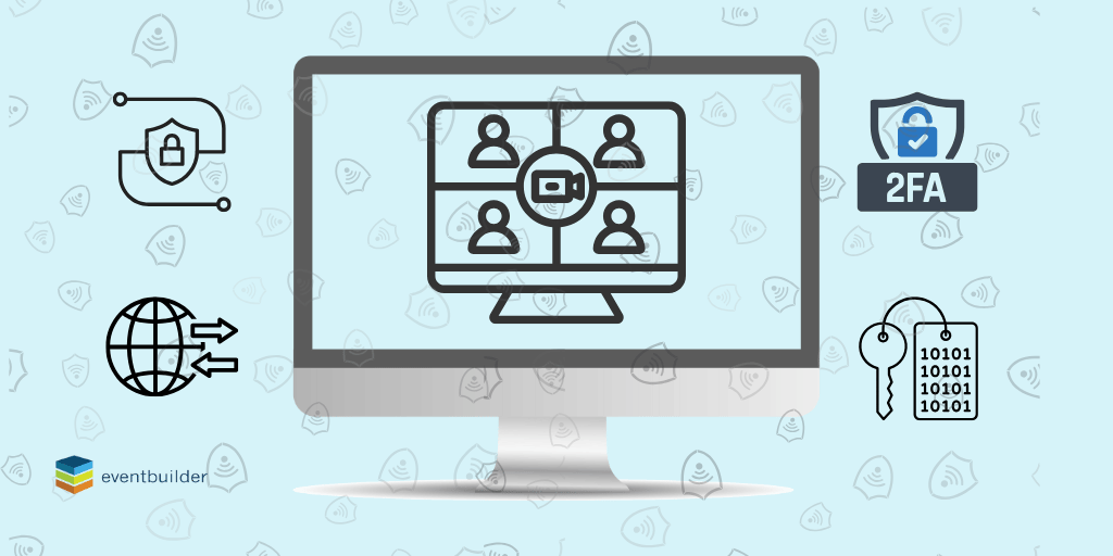 Computer monitor depicting a webinar, various security symbols surrounding the monitor.