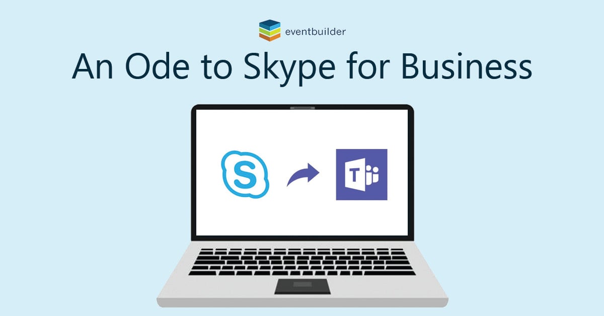 Vector: Computer with image of the Skype logo and an arrow pointing to the Teams logo. Transcript: 