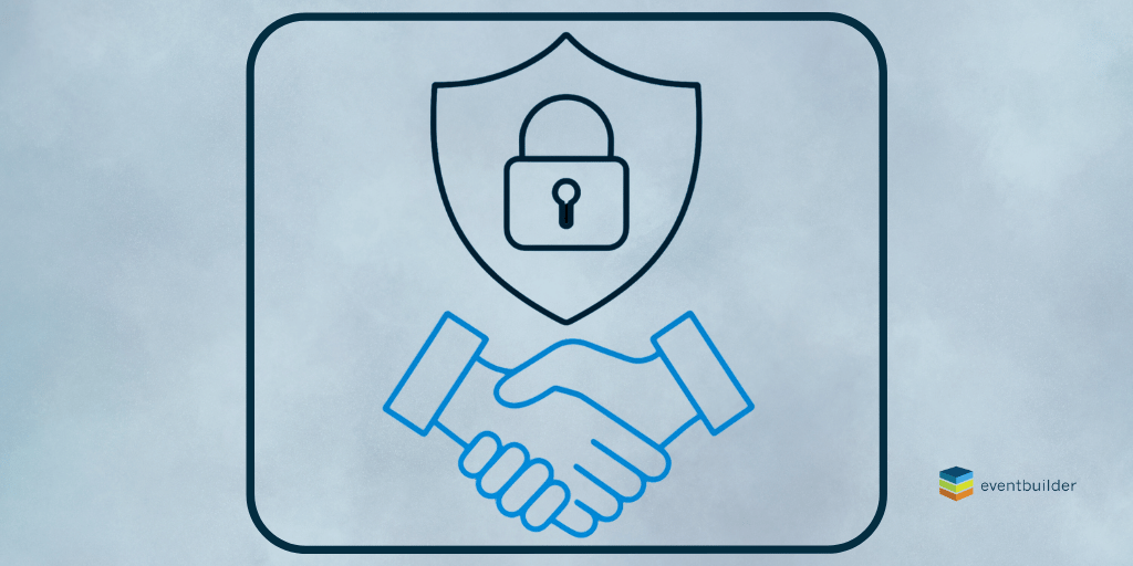 A padlock surrounded by a shield icon, two hands shaking icon with a frame around both on a blue background.
