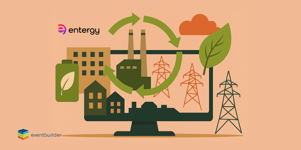 Entergy logo next to a computer screen depicting green buildings, green recycling arrows, a leaf, and energy towers.