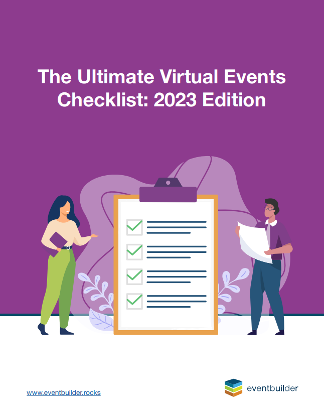 Vector Graphic: A man and a woman  standing beside a large clipboard. Image text: The Ultimate Virtual Events Checklist: 2023 Edition.