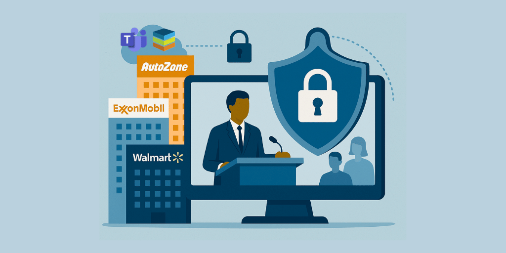 Graphic of a computer monitor depicting a man at a podium in front of an audience with a padlock on the side, the Teams and EventBuilder logos in the cloud, above corporate buildings.