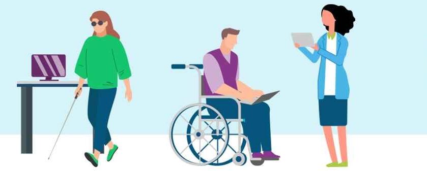 Graphic: A blind woman with a walking stick, a man in a wheelchair, and a woman standing.