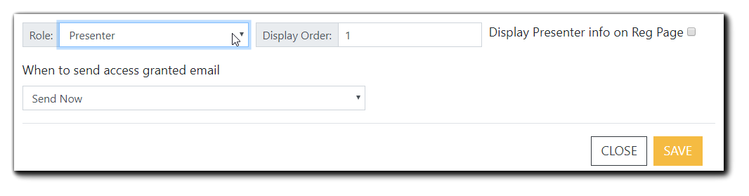 Screenshot: Role, display, and access email options for Event Users.