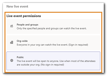 Screenshot: Teams Live Event live permission settings with explanations.