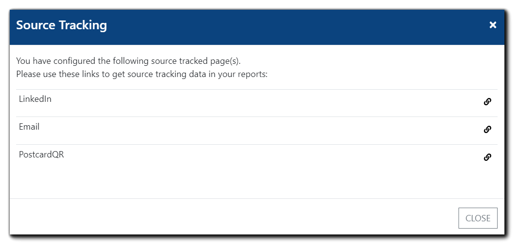 Screenshot: Source Tracking interface: Campaign Source field, source name, and source link icons. Image text: You have configured the following source tracked page(s). Please use these links to get source tracking data in your reports: