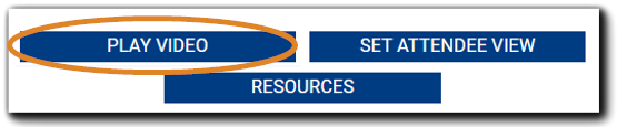 Screenshot: Meeting Controls widget with 'Play Video' button highlighted. 'Set Attendee View' and 'Resources' buttons are visible.