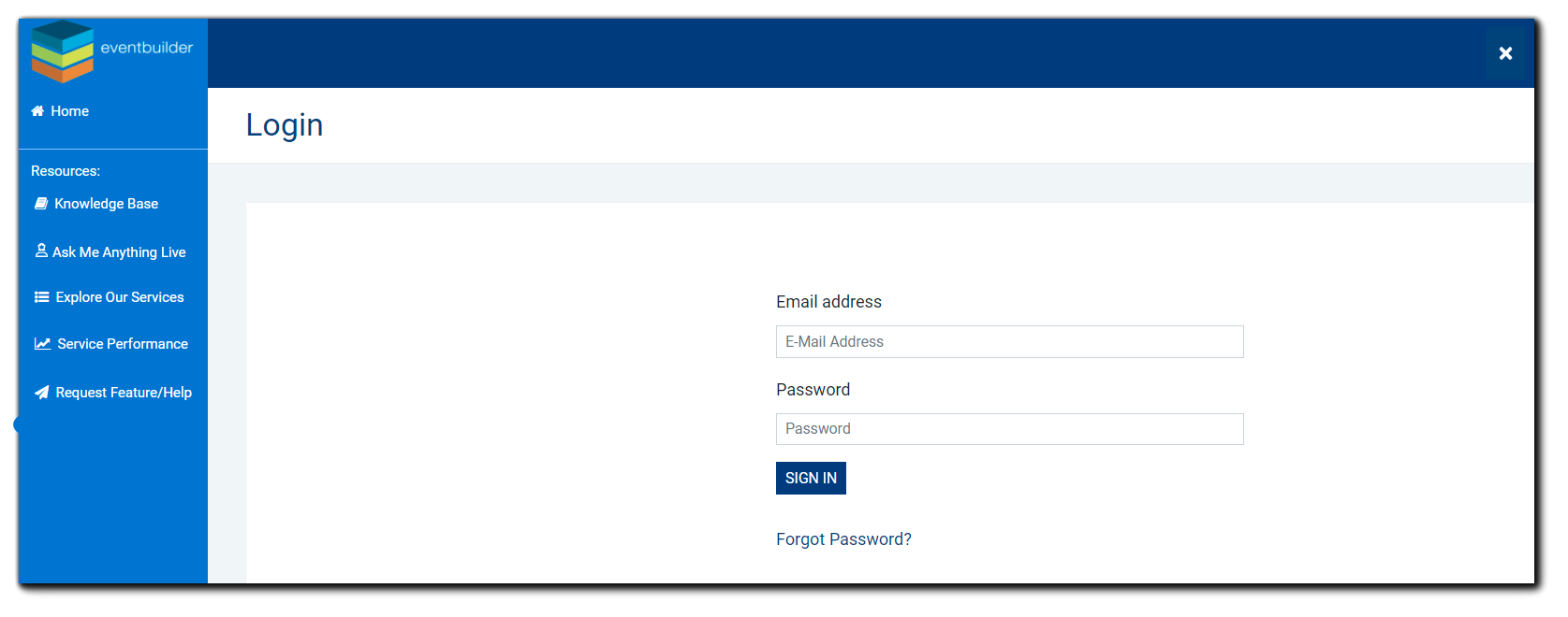 Screenshot: EventBuilder main login screen - email address and password fields, blue sign in button, and forgot password link. Left navigation in blue, with Home and Resources, Knowledge Base, Ask Me Anything, Explore Our Services, Service Performance, and Request Feature/Help options.