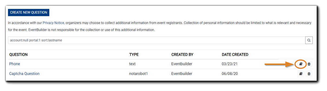 Screenshot: Main Question list with the book icon highlighted.