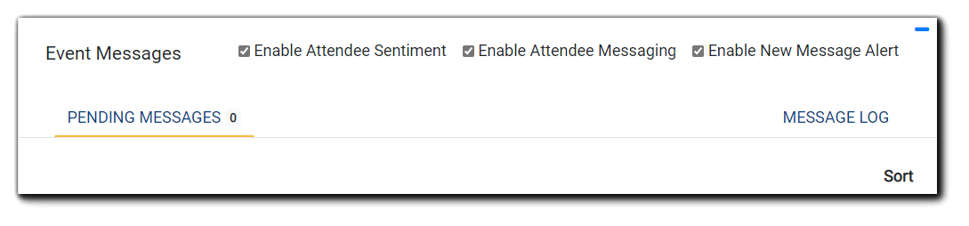 Screenshot: Event Messages widget. Checkbox options: Enable Attendee Sentiment, Enable Attendee Messaging, Enable New Message Alert.