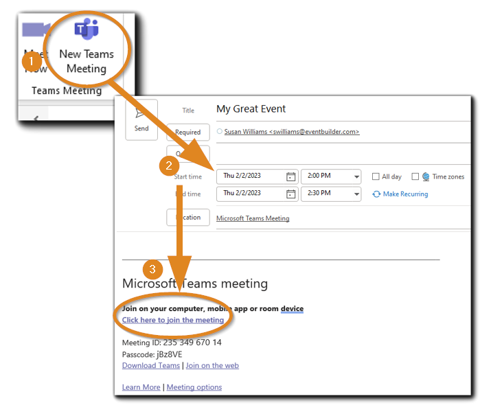 Screenshot: Three steps for creating a Teams meeting and finding the actual link.