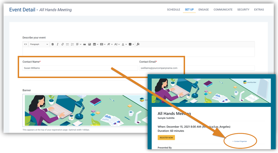 Screenshot: Set up step highlighting Contact Name and Contact Email fields, inset of Registration page with arrow pointing to 'Contact Organizer' link.
