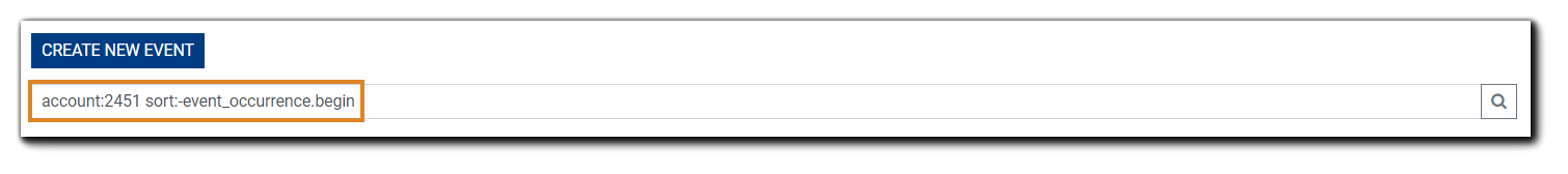 Screenshot: Event Search field, including the account and sort search commands.