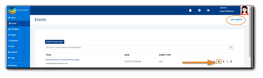 Screenshot: Events section with 'My Events' and the Reports icon highlighted.