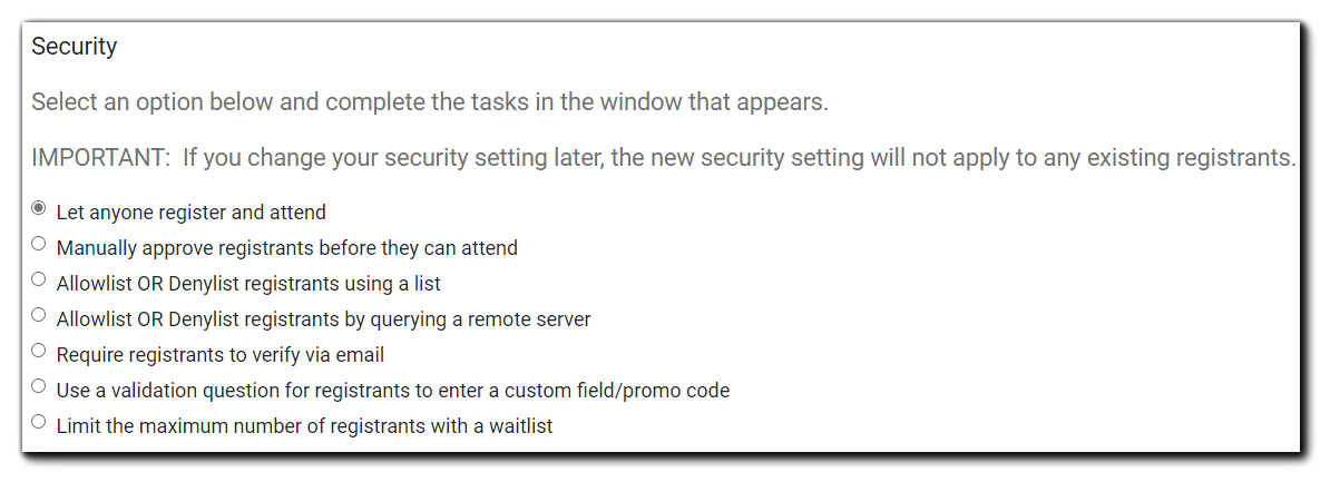 Screenshot: EventBuilder security options.