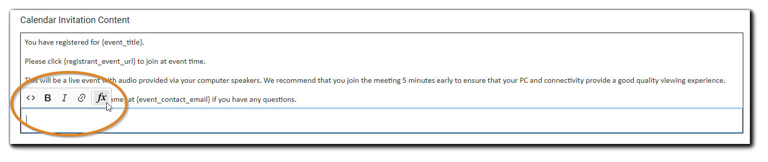 Screenshot: Calendar Invitation Content tool with text editor highlighted.