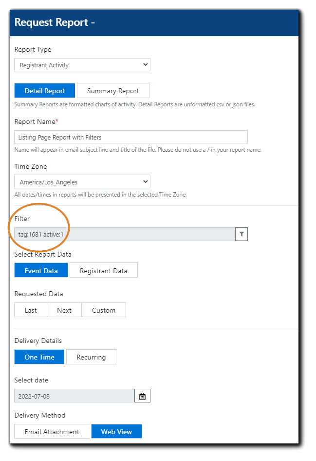 Screenshot: Request Report dialog with previously set Listing Page Filters in place.