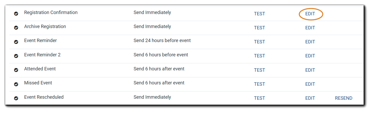 Screenshot: Email templates available for delivery timing setup, with an 'edit' button circled.