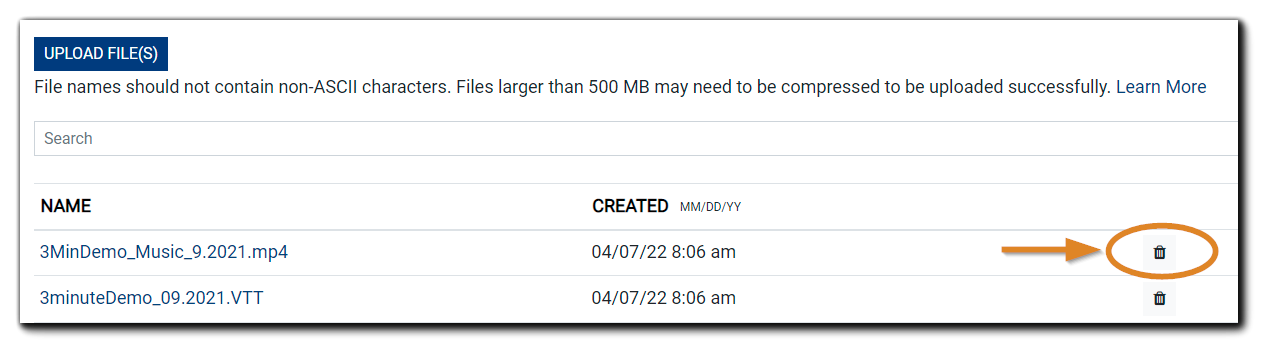 Screenshot: Upload File(s) dialog with file list trash icon highlighted.