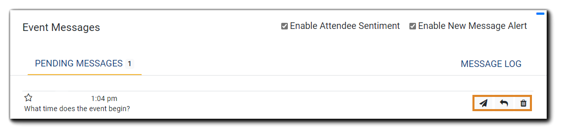 Screenshot: Pending messages in Moderator Console, with response options icons highlighted: Airplane icon, Arrow icon, and Trash icon.