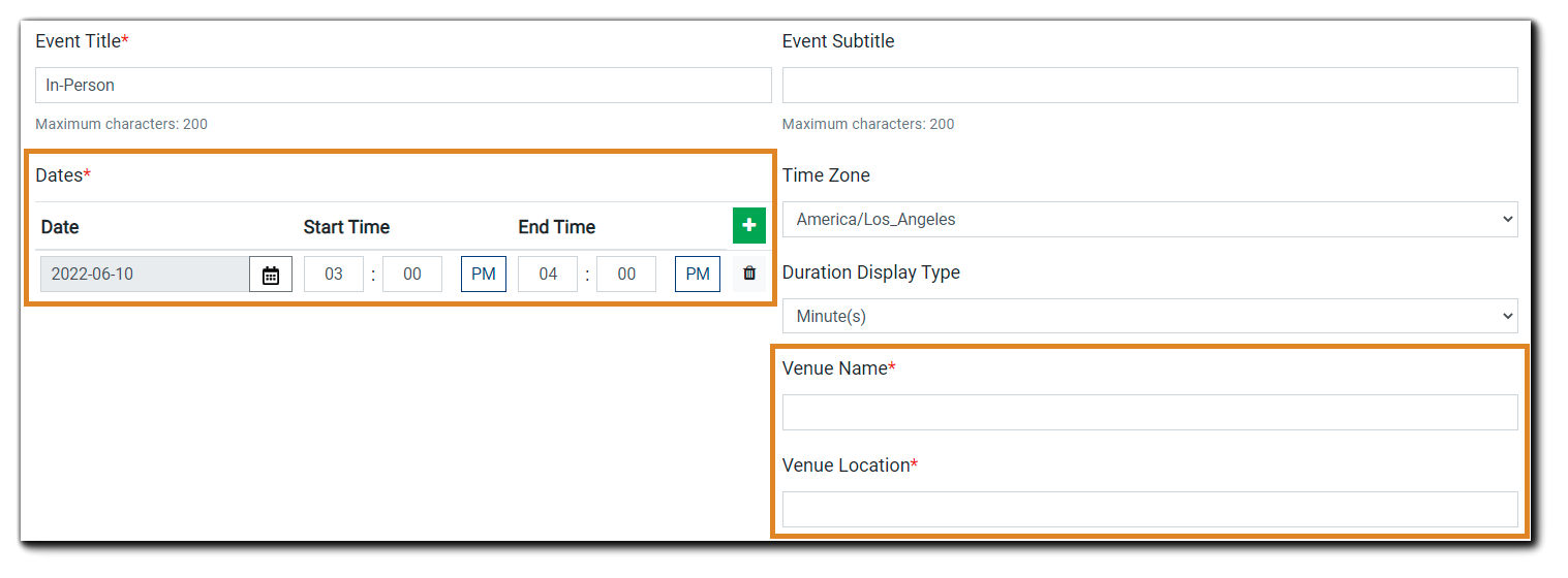  Screenshot: In-Person Event details including date(s), Venue Name, Venue Location.
