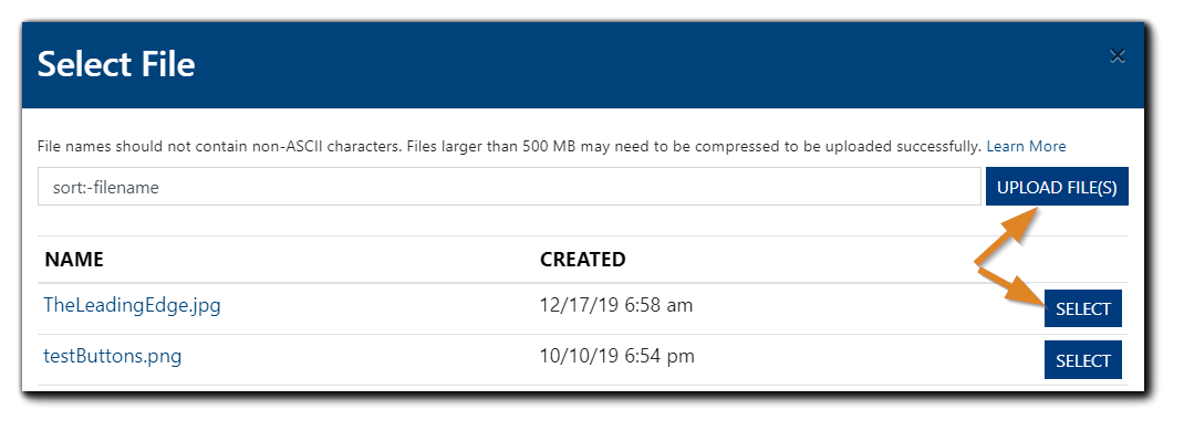 Screenshot: Select File dialog with Upload File(s) and Select buttons highlighted.