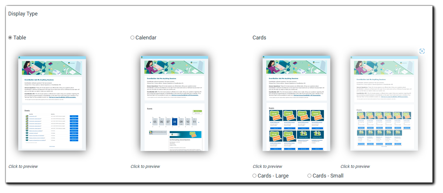 Screenshot: Display Type selection. Preview images of Table, Calendar, Cards (Large / Small) styles.