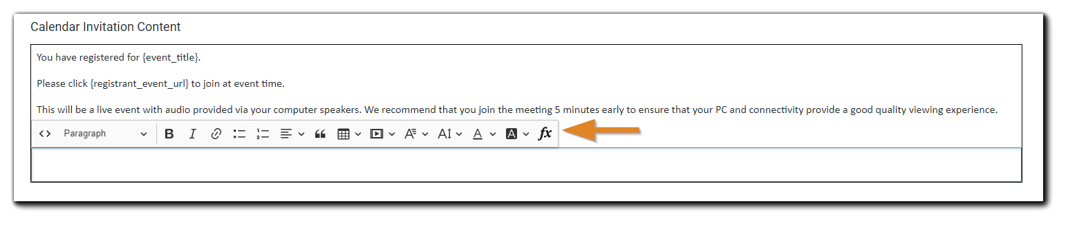 Screenshot: Calendar Invitation Content window with HTML editor open and the FX button highlighted
