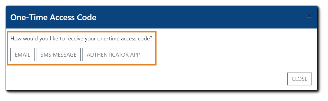 Screenshot: One-Time Access Code with verification options highlighted. Image text: How would you like to receive your one-time access code?