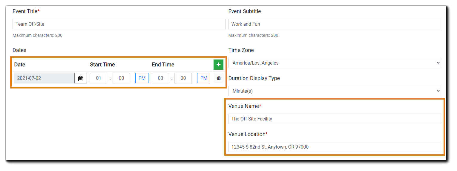 Screenshot: In-Person Event details including date(s), duration display (minutes or hours) Venue Name, Venue Location.