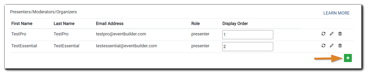 Screenshot: List of Presenters/Moderators/Organizers attached to the Event, with the edit, delete, display order and add options highlighted.