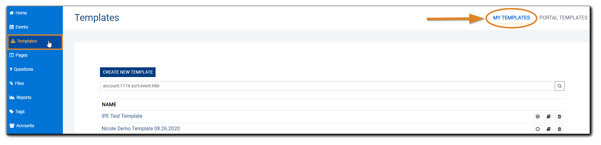 Screenshot: Main navigation with Templates on the left navigation and 'My Templates' options highlighted.