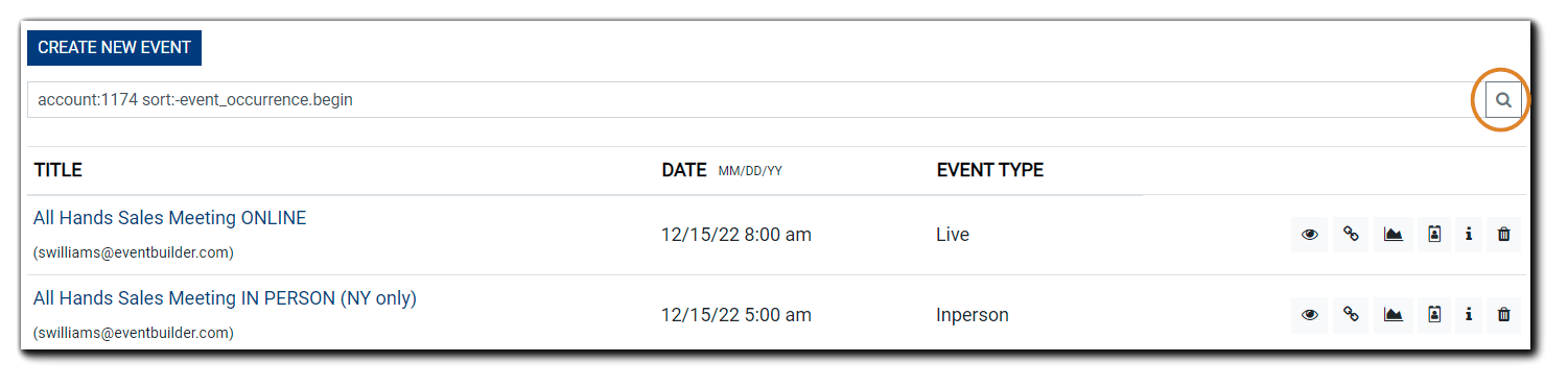 Screenshot: Events List, with Search field magnifying glass highlighted.
