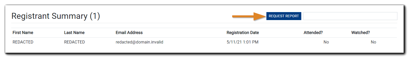 Screenshot: Registrant Summary example with the 'Request Report' button highlighted.
