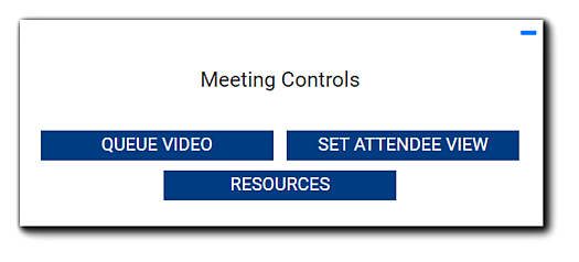 Screenshot: Meeting Controls Buttons - Queue Video, Set Attendee View, Resources.