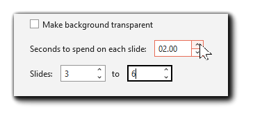 Screenshot: PowerPoint GIF export options: Make background transparent, Seconds to spend on each slide, slide number selector.