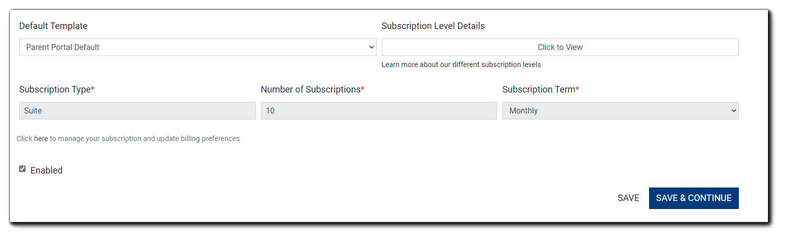 Screenshot: lower portion of Portal Configuration's General section, including Default Template, Service Description, License Type, and Number of Subscriptions, Subscription Term, and access to the payment and billing portal.