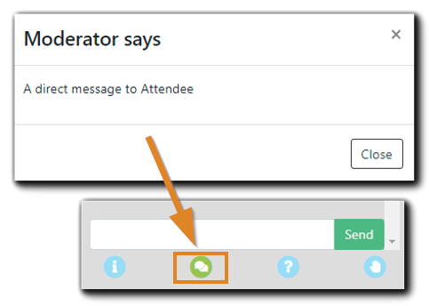 Screenshot: Moderator direct message notification and Messages panel icon highlighted.