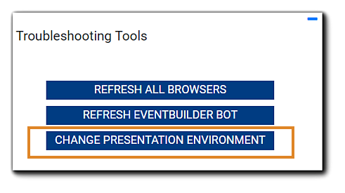 Screenshot: Moderator Console Troubleshooting Tools with Change Presentation Environment highlighted.