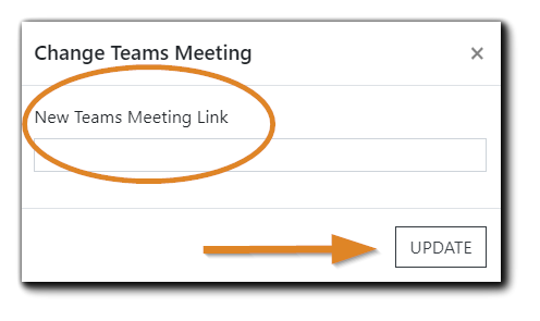 Screenshot: 'Change Teams Meeting' confirmation dialog with 'New Teams Meeting Link' and 'Update' button highlighted.