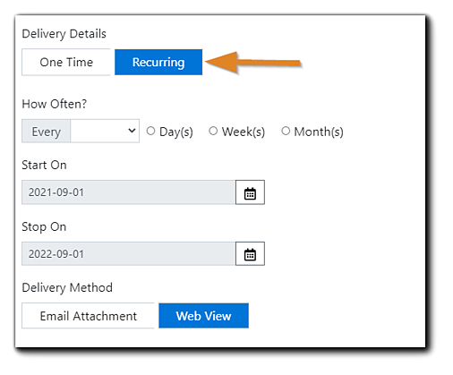 Screenshot: Report request dialog with Recurring option highlighted.