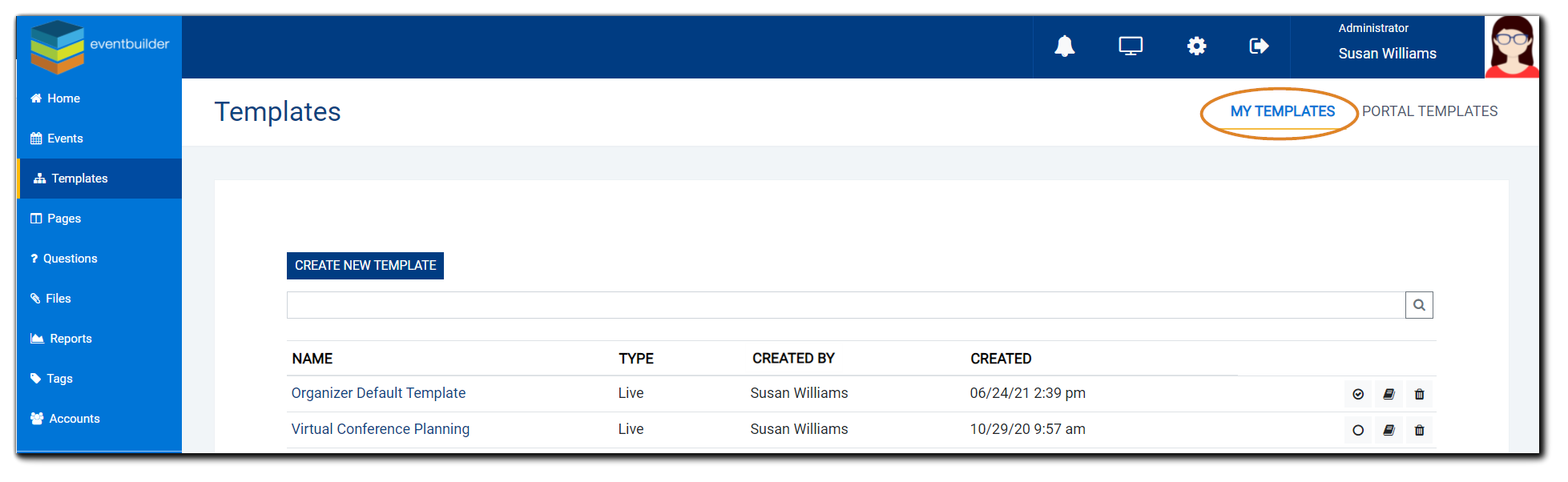 Screenshot: Templates list with 'My Templates' area at top highlighted.