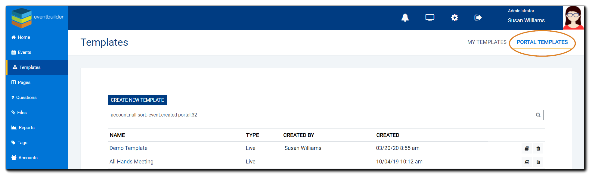 Screenshot: Templates dashboard with 'Portal Templates' highlighted in orange.