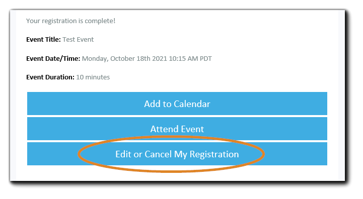 Registration Confirmation email with 'Edit/Cancel' My Registration' highlighted.