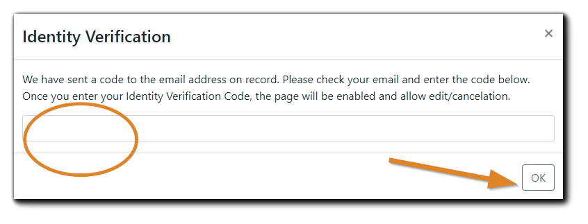 Screenshot: Registrant Identity Verification dialog. Text on image: "We have sent a code to the email address on record. Please check your email and enter the code below. Once you enter your Identity Verification Code, the page will be enable and allow edit/cancellation."