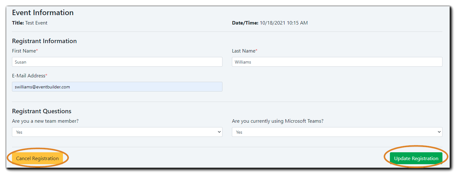 Screenshot: Registrant information with 'Cancel Registration' and 'Update Registration' buttons highlighted.