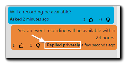 Screenshot: Attendee Messages Panel view, with 'Replied privately' message indicator highlighted.